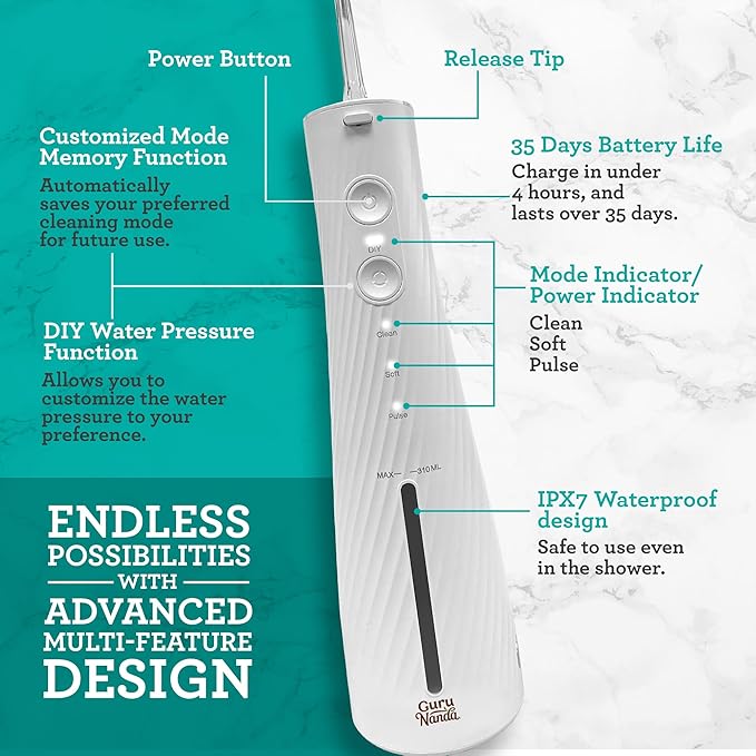GuruNanda Lion & Lamb Kit 2.0, Electric Toothbrush with Water Flosser Combo, 4 Jet Tips, 4 Brush Heads, & IPX7 Waterproof Design for Complete Oral Care, White