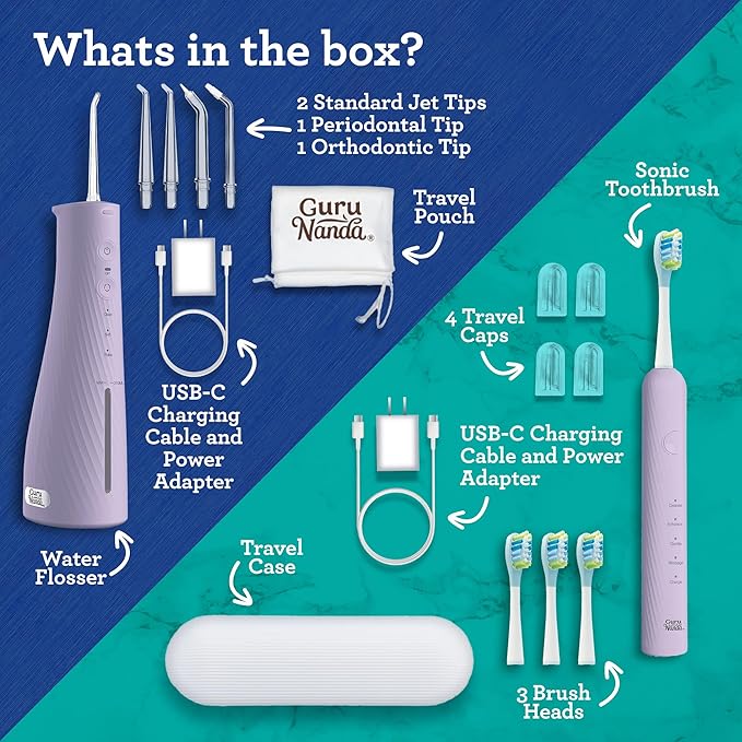 GuruNanda Lion & Lamb Kit 2.0, Electric Toothbrush with Water Flosser Combo, 4 Jet Tips, 4 Brush Heads, & IPX7 Waterproof Design for Complete Oral Care, Lavender