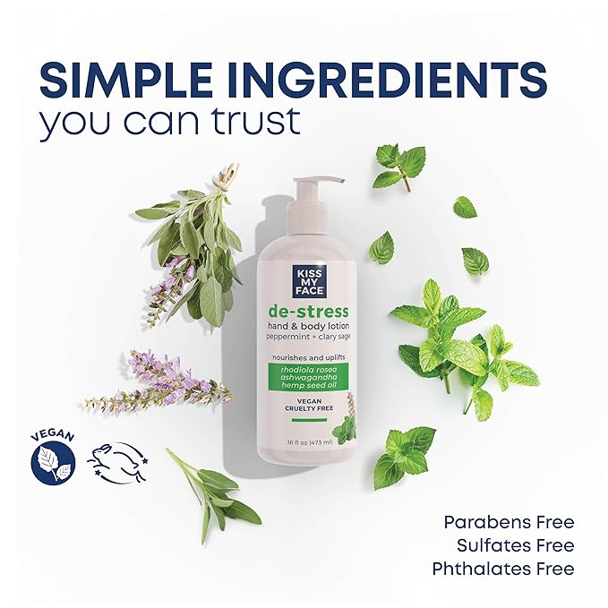 Kiss My Face De-Stress Hand & Body Lotion - Peppermint + Clary Sage - Soothing Rhodiola Rosea - With Hemp Seed Oil & Ashwagandha - Vegan & Cruelty-Free - 16 fl oz Bottle