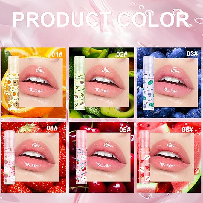 6pcs Fruit Flavored Lip Gloss Set, Roll on Lip Gloss Set Kids Lip Gloss Cute Lip Oil for Girls, Glossy and Shiny Non-Toxic, Kid Friendly, Kids Gift