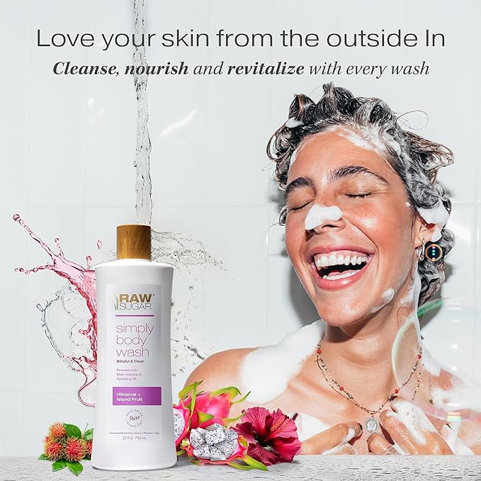 RAW SUGAR Simply Body Wash - Hibiscus + Island Fruit (25 Fl Oz, Pack of 1) Moisturizing & Soothing Bath & Shower Gel, Formulated without Sulfates & Parabens, Vegan