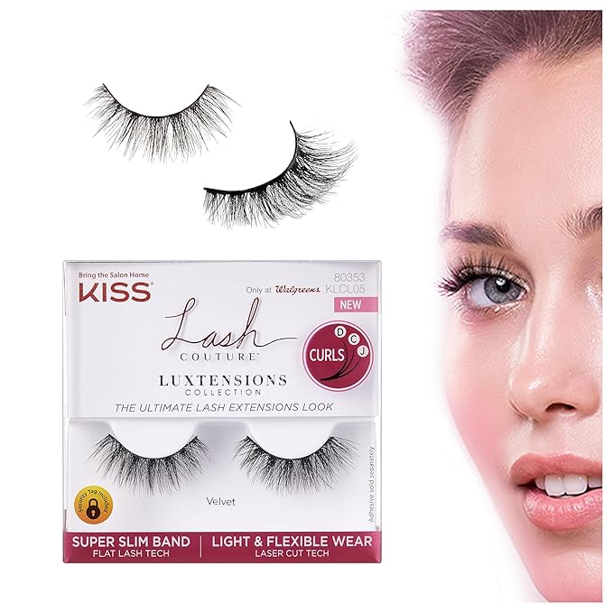KISS Lash Couture LuXtensions Collection False Eyelashes, Flat Lash Technology, Super Slim Lash Band, Real Lash Extension Fibers, Reusable, Contact Lens Friendly Strip Lashes, Style 'Velvet', 1 Pair