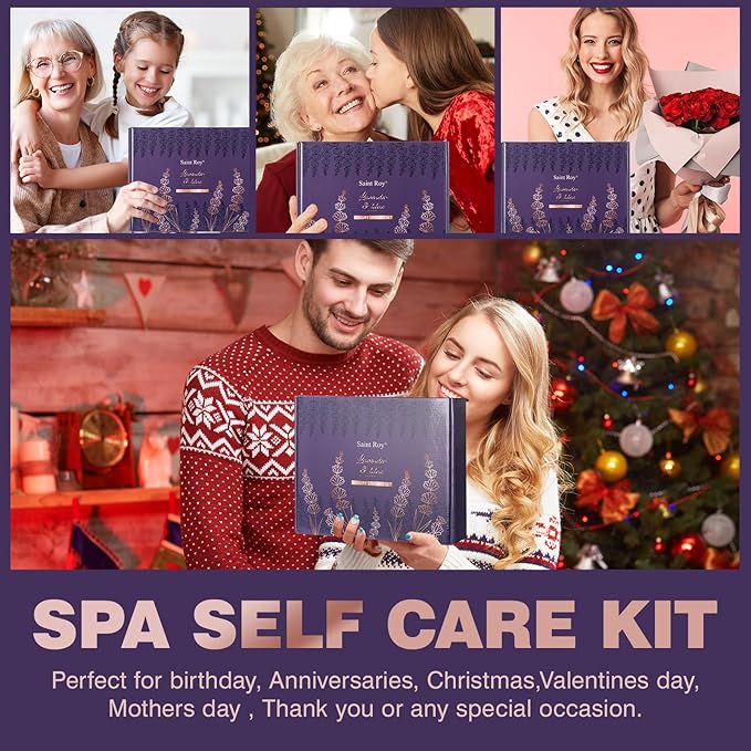 Bath and Body Gift Basket for Women and Men - Lavender Relaxing Spa Set With Massage Body Rush, Bath Bomb - Birthday Gifts for Her, Mom - Unique Self Care Idea