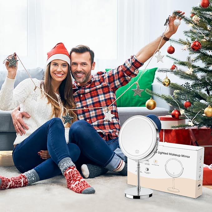 Lighted Makeup Mirror, 3000 mAh Rechargeable Double Sided Magnifying Mirror with 3 Colors, 1x/10x 360° Rotation Vanity Mirror, Brightness Adjustable Magnification Cosmetic Light up Mirror, Women Gift