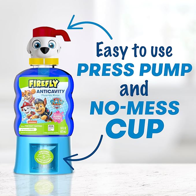 Firefly Kids Anti-Cavity Fluoride Rinse, Paw Patrol, Alcohol Free Formula, ADA Accepted, Helps Prevent Cavities, Bubble Gum Flavor, 16 Ounce (Pack of 2)