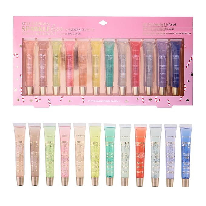 EXPRESSIONS 12pc Sparkle Lips Lip Oils - Vitamin E Infused Lip Gloss, Holiday Lip Oil Collection Hydrating Lip Care, Safe and Non-Toxic Lip Gloss Gift Set