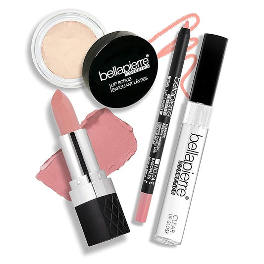 bellapierre Best in Pout Kit | Lip Scrub, Mineral Lipstick, Gel Lip Liner & Clear Lip Gloss | Non-Toxic and Paraben Free | Oil and Cruelty Free - Baroness