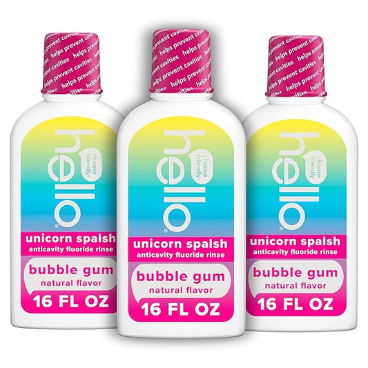 Hello Kids Mouthwash with Unicorn Bubble Gum Flavor, Alcohol Free Mouthwash for Kids with Fluoride, Safe for Ages 6 and Up, Anticavity, Vegan, No Alcohol, No Dyes, 16 Oz Bottles (Pack of 3)