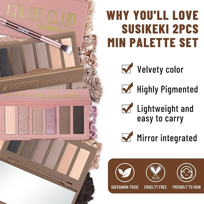2PCS 6 Colors Mini Naked Eyeshadow Palette Makeup with Brush Set Neutral Nude Eye Shadow Pink & Brown Matte Shimmer Make Up Pallet with Mirror Highly Pigmented Travel Size Gift Kit