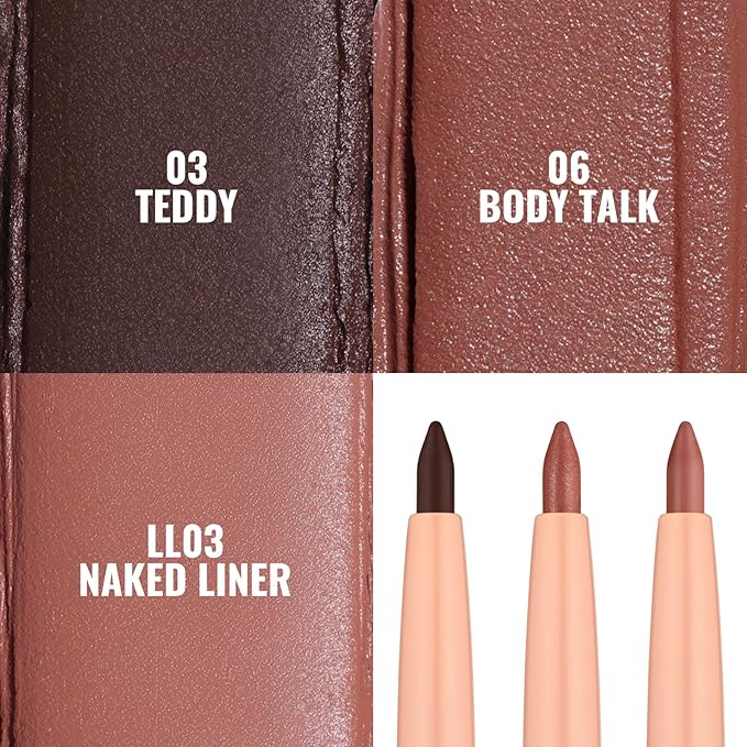 Oulac Waterproof Lipliner Pencil Set - Smooth and Creamy, Retractable Lip Makeup for Precision Application, Vegan & Cruelty-Free, 03 Teddy+06 Body Talk+LL03 Naked Liner