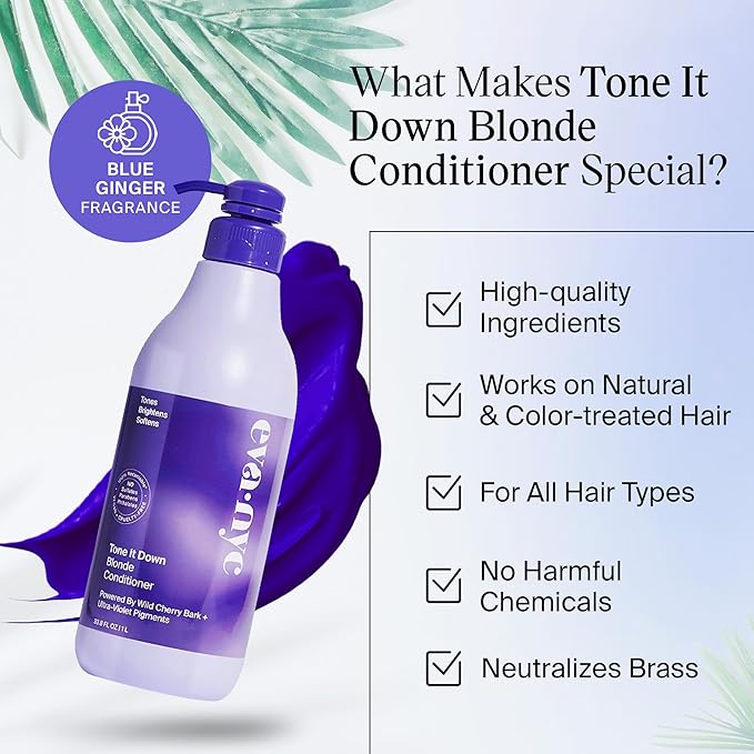 Eva NYC Tone It Down Purple Conditioner for Blonde & Color-Treated Hair, Eliminates Brassy Yellow Tones, Hair Moisturizer, 1L