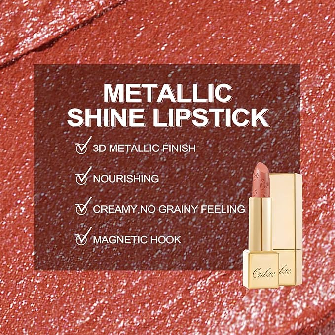 Oulac Coral Orange Lipstick for Women with Metallic 3D Shine Lightweight Hydrating Formula, High Impact Lip Color, Vegan Beauty, Full Coverage Lip Makeup, Christmas Gifts for Women, Be Happy(05)