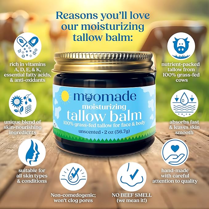 Organic Beef Tallow Balm with Rosehip Oil | Unscented 2 oz – Hand Made in USA 100% Grass-Fed Beef Tallow Moisturizer for Face & Body, Baby, Eczema, Acne-Prone & Sensitive Skin