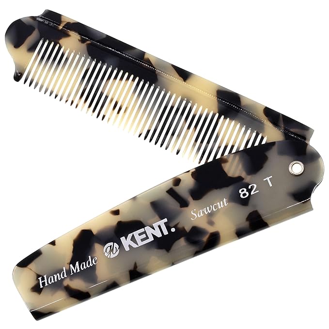 Kent 82T Handmade Folding Pocket Comb for Men, Fine Tooth Hair Comb Straightener for Everyday Grooming Styling Hair, Beard or Mustache, Use Dry or with Balms, Saw Cut Hand Polished, Made in England