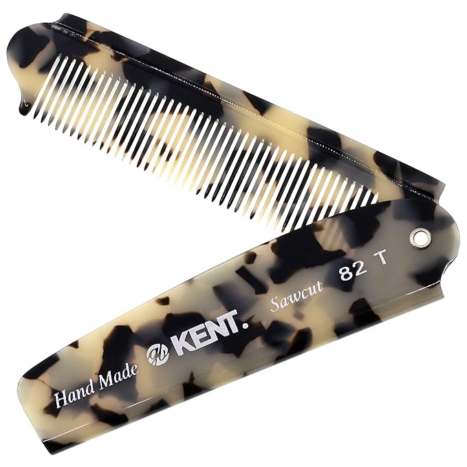 Kent 82T Handmade Folding Pocket Comb for Men, Fine Tooth Hair Comb Straightener for Everyday Grooming Styling Hair, Beard or Mustache, Use Dry or with Balms, Saw Cut Hand Polished, Made in England