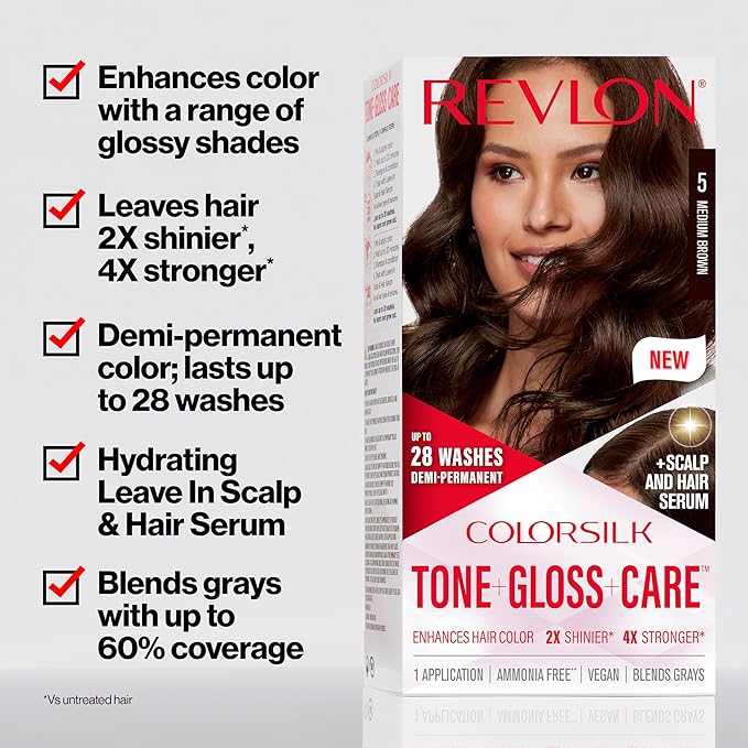 Revlon ColorSilk Tone + Gloss + Care Demi Permanent Hair Color, Dye Kit with Leave-In Scalp and Haircare Serum, 2x Shinier, 4x Stronger, 5RR Medium Red, 4.5 fl oz