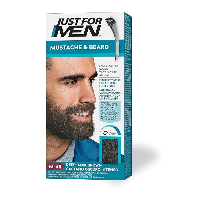 Just For Men Mustache & Beard, Beard Dye for Men with Brush, With Keratin Biotin Aloe and Coconut Oil for Healthy Facial Hair - Deep Dark Brown, M-46, Pack of 1 (Packaging May Vary)