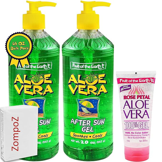 46oz Bulk Pack Fruit of the Earth Aloe Vera After Sun Gel, Set of 3, Pure Aloe Vera 100% Gel For Sunburn Relief, Includes 2 Pumps (20 oz) and 1 Travel Size Rose Aloe Vera (6 oz) + Bonus ZompoZ Tissues
