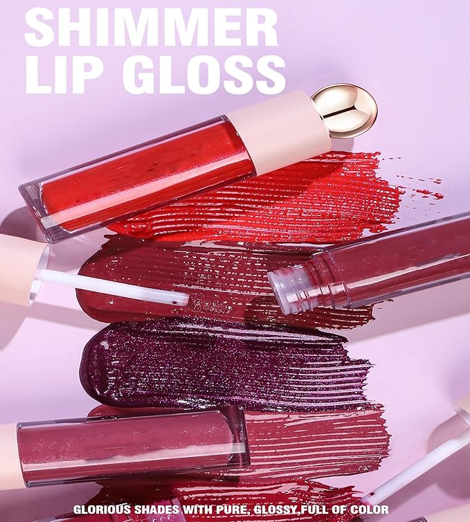 Shimmer Gloss Lipstick, Slicks Lip Gloss Diamond Shiny Pink Dark Red Purple Glitter Sparkly Glossy Shimmer Waterproof Girls Lip Glaze for Women, Long lasting High Pigmented Lips Makeup(#04)