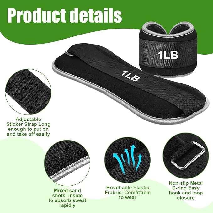 4 Pairs Wrist Leg Weights for Women Ankle 1lbs 2lbs 2lbs Each