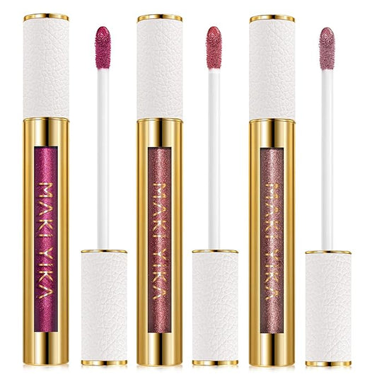 MAKI YIKA 3Pc Metallic Lipstick Long Lasting, Hot Pink Red Brown Glitter Lipsticks, High Shine Lipstick No Smudge No Transfer Liquid Lip Gloss (Hot Pink/Red/Brown)