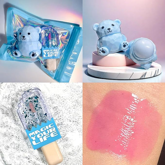 Bear Moisturizing Lip Balm & Lip Gloss Set - Oil Infused, Long-Lasting Lipstick & Gloss for Smooth Lips hydrating lip glow oil， Transparent Lip Oil Tinted, Reduce lip lines (Blue suit, 1)