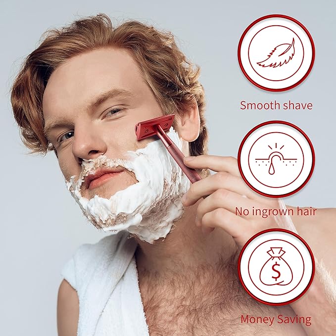 Bambaw Single Blade Double Edged Safety Razor with 5 Blades, Durable Metal Razor for Men & Women, Reusable & Plastic Free Double Edge Safety Razors for Men – Red