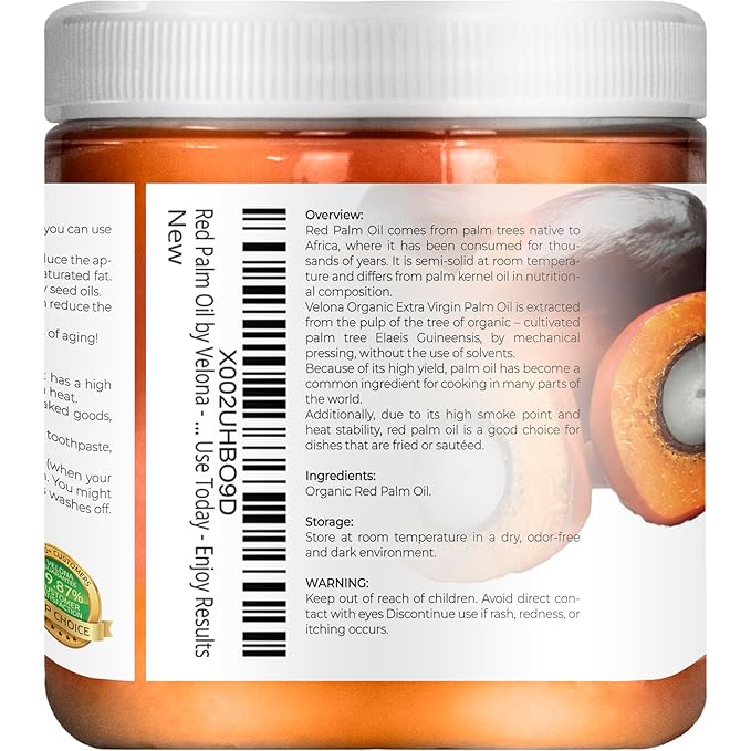 velona USDA Certified Organic Red Palm Oil 8 Fl Oz | Food and Cosmetic Grade | in jar | Extra Virgin, Cold Pressed | Skin, Face, Body, Hair Care | Use Today - Enjoy Result