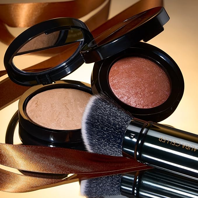 LAURA GELLER NEW YORK Baked Balance-N-Glow Illuminating Powder Foundation, Medium + Retractable Kabuki Brush + Baked Blush-N-Brighten, Pink Grapefruit