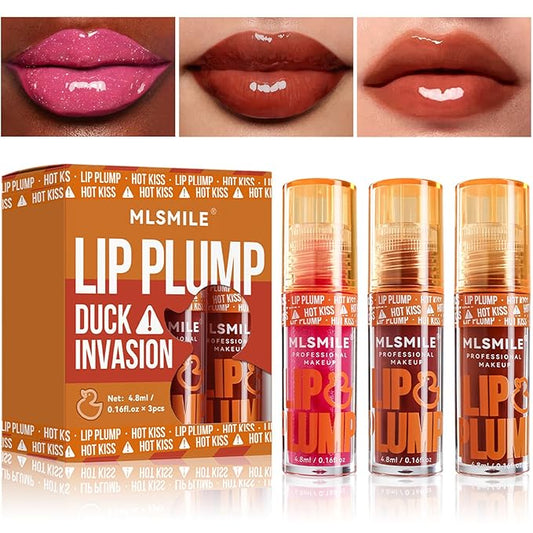 3 Colors Duck Lip Plumper Gloss, Glitter Shine Primer Lip Tint Korean Clear Plumping Lip Gloss, No Sticky Sexy Lip Gloss, Hydrating Lip Glow Oil Plumping Gloss Tinted Lip Balm (Set B)