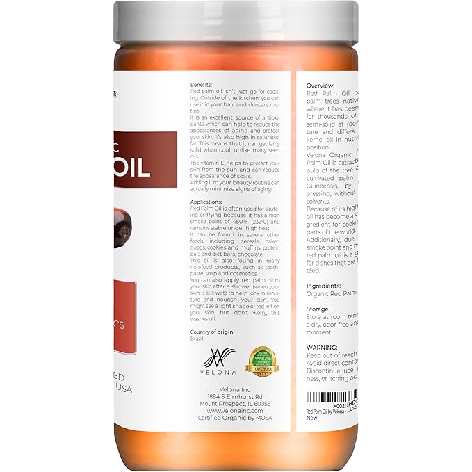 velona USDA Certified Organic Red Palm Oil 64 Fl Oz | Food and Cosmetic Grade | in jar | Extra Virgin, Cold Pressed | Skin, Face, Body, Hair Care | Use Today - Enjoy Results
