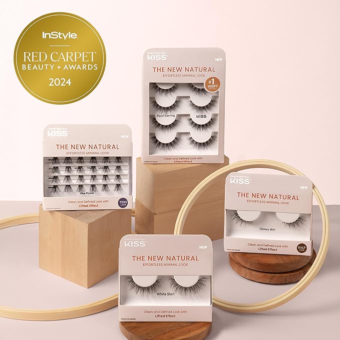 KISS The New Natural, False Eyelashes, 'Pearl Earring', 12 mm, Includes 4 Pairs Of Lashes, Contact Lens Friendly, Easy to Apply, Reusable Strip Lashes