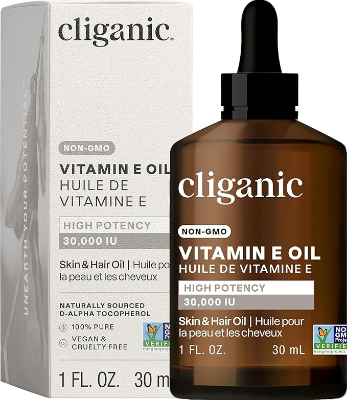 Cliganic 100% Pure Vitamin E Oil for Skin, Hair & Face - 30,000 IU, Non-GMO Verified | Natural D-Alpha Tocopherol (Packaging May Vary)