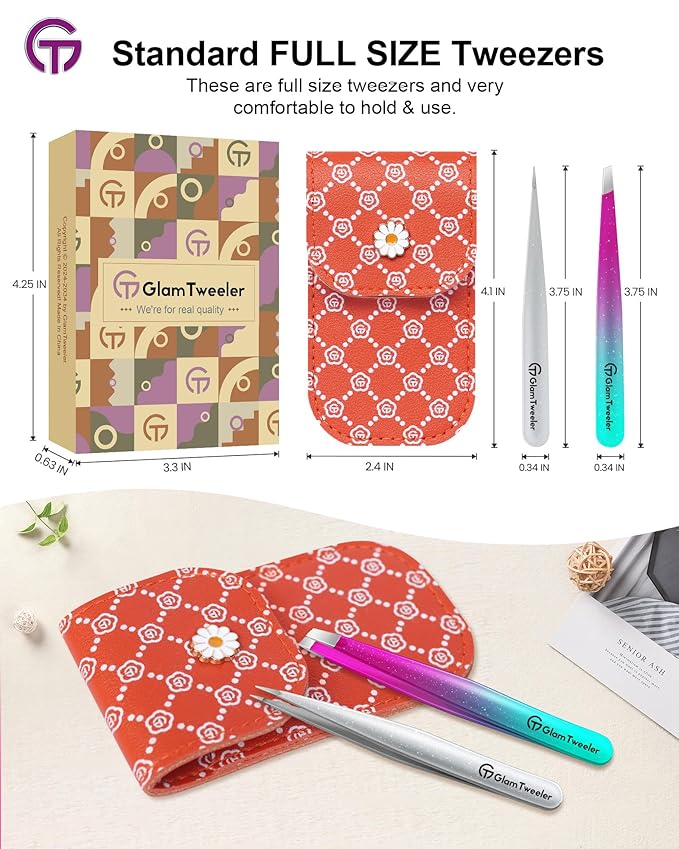 Expert Slant and Point Tip Tweezer Set with Exclusive Travel Case, GlamTweeler Sharp & Precision Tweezer Set for Eyebrows, Facial Hairs & Fine Hairs Removal (Sparkle Purple & Turquoise + Silver)