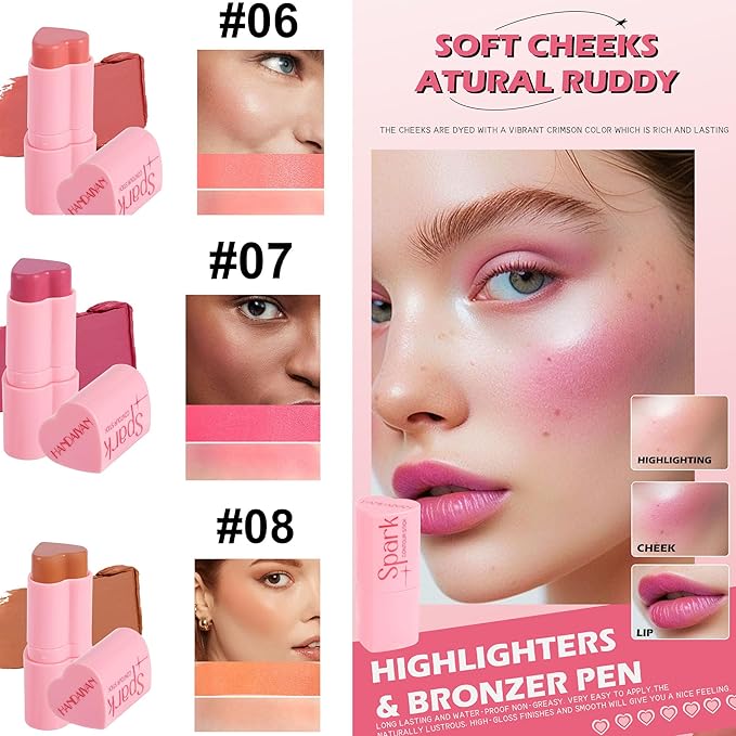 Heart Blush Stick, Matte Rouge Stick, Cheek Contour (03#, 0.) 21 OZ