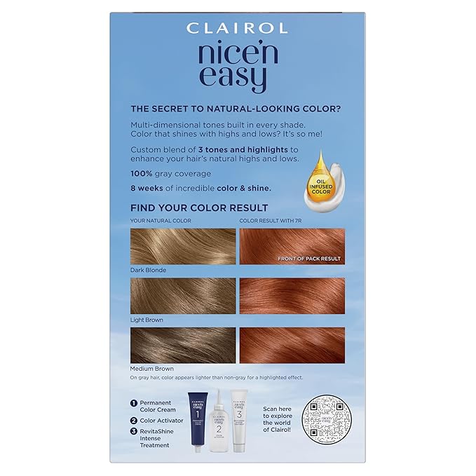 Clairol Nice'n Easy Permanent Hair Dye, 7R Lighest Auburn Hair Color, Pack of 1