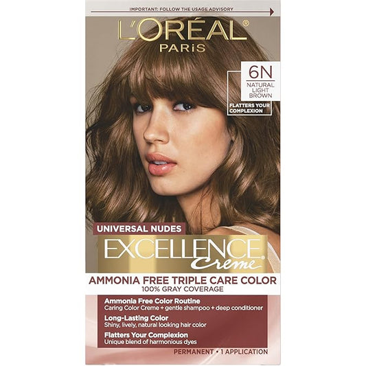 L’Oreal Paris Excellence Universal Nudes Permanent Hair Color, Ammonia Free Hair Dye for Gray Hair Coverage, 6N Natural Light Brown, 1 Hair Dye Kit
