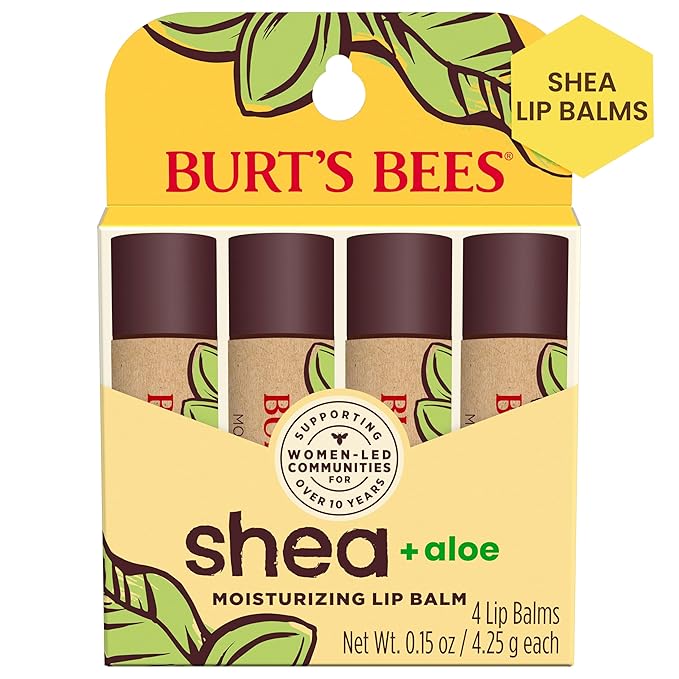 Burt's Bees Shea and Aloe Moisturizing Lip Balm, Lip Moisturizer With Responsibly Sourced Beeswax, Tint-Free, Natural Origin Conditioning Treatment, 4 Tubes, 0.15 oz.
