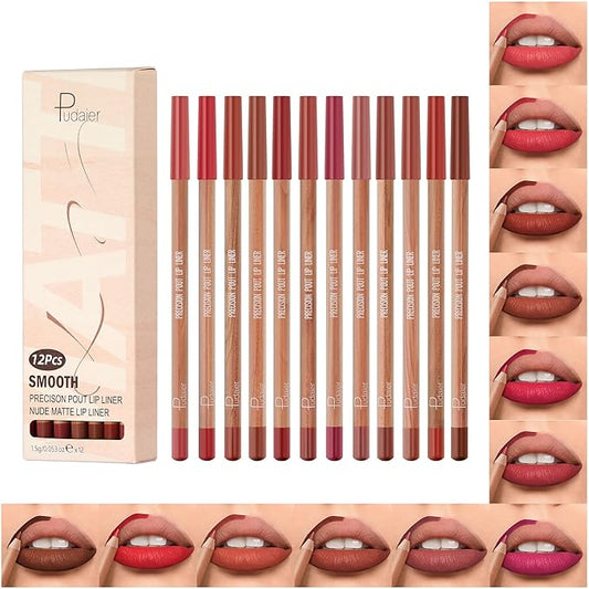 Lip Liner Set, 12Pcs Pure Natural Oak Brown Pink Red Series Lip Liners, Smooth and High Pigmented Lip Makeup Pencil