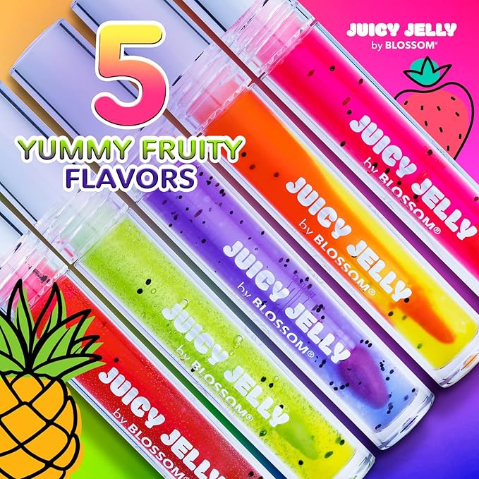 Blossom Juicy Jelly Moisturizing Lip Care Fruit Flavored Nourishing Lip Oil + Zodiac Sign Vanilla Scented Roll On Lip Gloss with Crystals, 2 Pack Bundle, Grape/Virgo