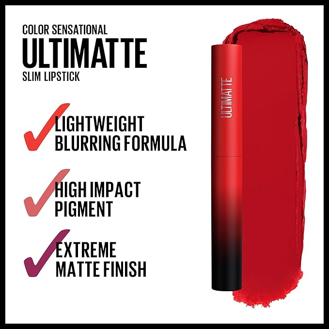 Maybelline Color Sensational Ultimatte Matte Lipstick, Non-Drying, Intense Color Pigment, More Ruby, Ruby Red, 1 Count