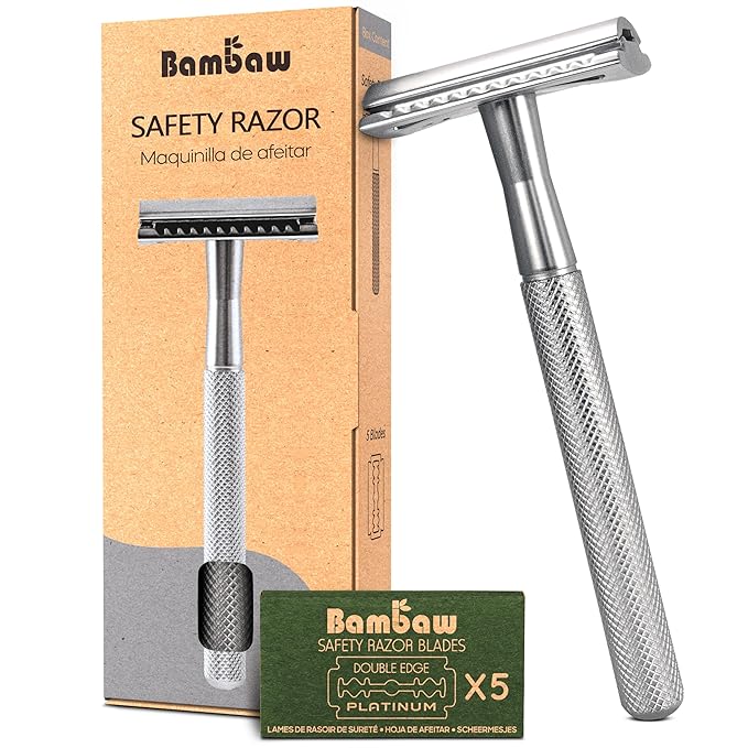 Bambaw Double Edge Safety Razor for Men & Women, Metal Razor with 5 Double Edge Safety Razor Blades, Eco-Friendly Razor – Silver