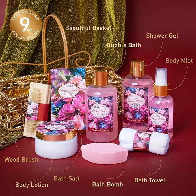 Spa Gift Basket for Women, ROSE & JASMINE Friendship Gifts Women, Tote Bag, Shower Gel, Hand & Body Cream, Hitrees Bath Gift Set for Her, Mom, Mothers Day