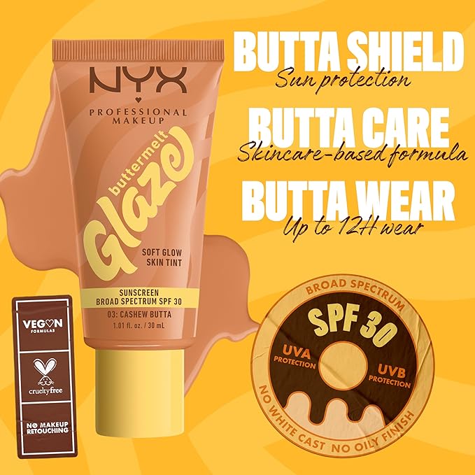 NYX PROFESSIONAL MAKEUP Buttermelt Glaze Soft Glow Skin Tint + SPF 30, Up To 12HR Wear, 03 Cashew Butta