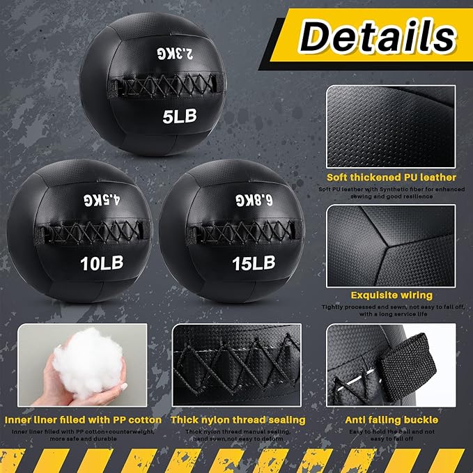 3 Pcs Soft Wall Ball Medicine Ball Set 5, 10 10 and 15 Lbs