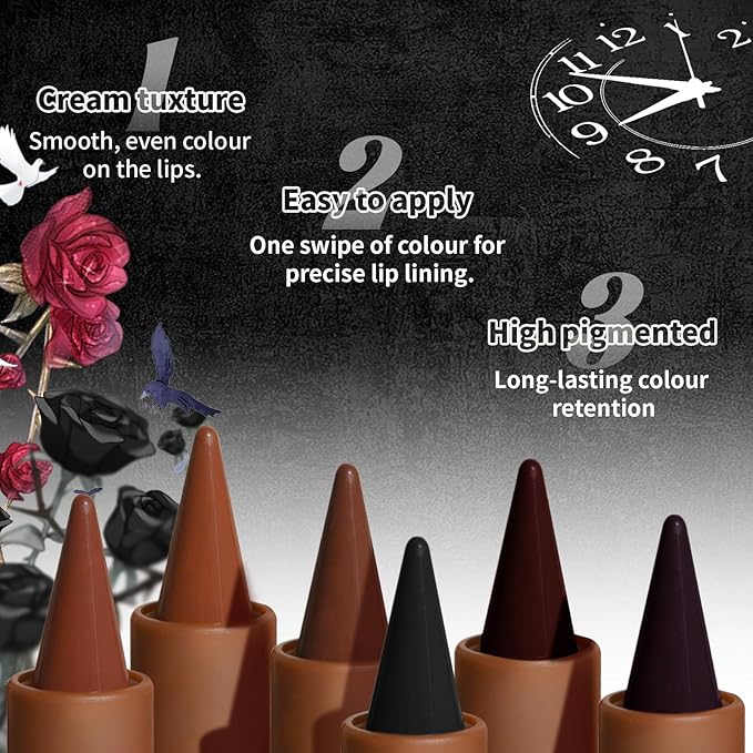 3 Colors 2 in 1 Gothic Lip Liner Set, Matte Purple Dark Red Black Lip Liner Plumping Smooth Creamy Lip Pencil, High Pigmented Long lasting Lip Stain Lipstick Goth Halloween Makeup, 05+07+08