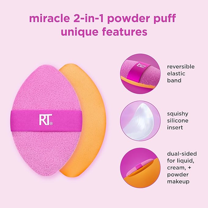 Real Techniques Miracle 2-In-1 Powder Puff 2 Pack, Dual-Sided, Full Size Makeup Blending Puff, Reversible Elastic Band, Makeup Sponge & Powder Puff, For Liquid, Cream & Powder Products, Crulety-Free