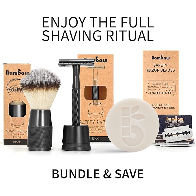 Bambaw Safety Razor for Men with 5 Double Edge Safety Razor Blades, Safety Razors for Men, Sustainable Metal Razor, Zero Waste - Black