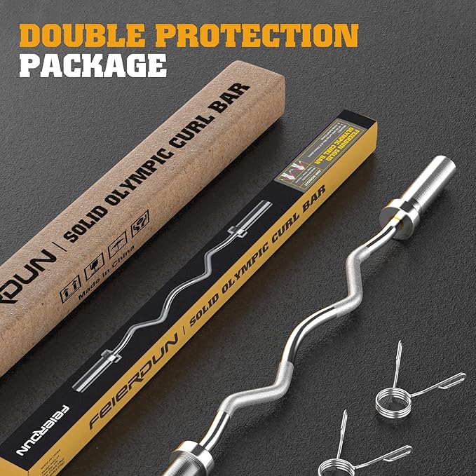 FEIERDUN Olympic EZ Curl Bar - 47" Weightlifting (390LBS Capacity), 2-Inch Weight