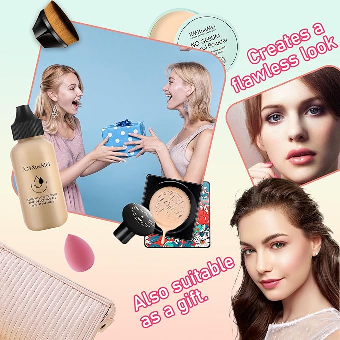 Mushroom Head Air Cushion CC Cream Foundation Set,Includes Makeup Sponge